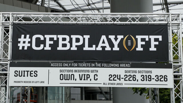 INGLEWOOD, CA - JANUARY 04: The College Football Playoff National Championship event logo is displayed during the week leading up to CFP National Championship game between the TCU Horned Frogs and the Georgia Bulldogs on January 04, 2023, at SoFi Stadium in Inglewood, CA.
