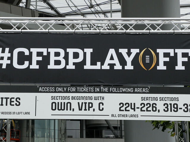 INGLEWOOD, CA - JANUARY 04: The College Football Playoff National Championship event logo is displayed during the week leading up to CFP National Championship game between the TCU Horned Frogs and the Georgia Bulldogs on January 04, 2023, at SoFi Stadium in Inglewood, CA.