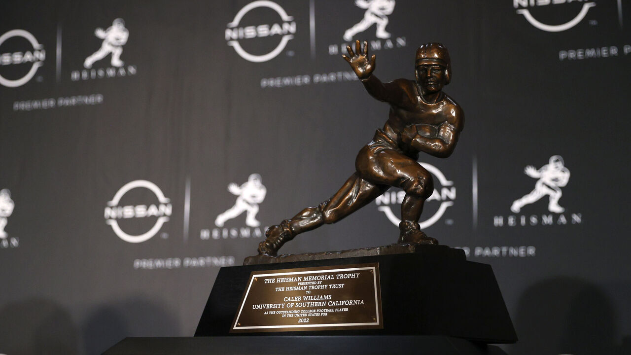 NEW YORK, NEW YORK - DECEMBER 10: A general view of the Heisman Trophy during a press conference the 2022 Heisman Trophy Presentation at the New York Marriott Marquis Hotel on December 10, 2022 in New York City.