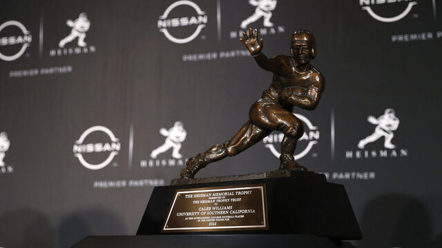 NEW YORK, NEW YORK - DECEMBER 10: A general view of the Heisman Trophy during a press conference the 2022 Heisman Trophy Presentation at the New York Marriott Marquis Hotel on December 10, 2022 in New York City.
