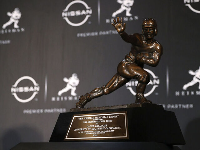 NEW YORK, NEW YORK - DECEMBER 10: A general view of the Heisman Trophy during a press conference the 2022 Heisman Trophy Presentation at the New York Marriott Marquis Hotel on December 10, 2022 in New York City.