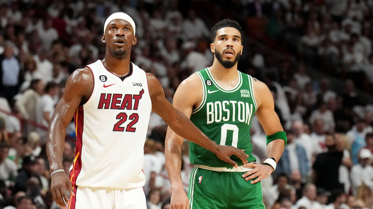 MIAMI, FL - MAY 23: Jimmy Butler #22 of the Miami Heat and Jayson Tatum #0 of the Boston Celtics look on during Game 4 of the 2023 NBA Playoffs Eastern Conference Finals on May 23, 2023 at Miami-Dade Arena in Miami, Florida. Mandatory Copyright Notice: Copyright 2023 NBAE