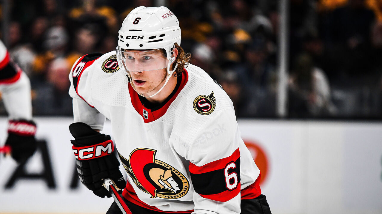 BOSTON, MASSACHUSETTS - MARCH 21: Jakob Chychrun #6 of the Ottawa Senators stands in position before a face-off in the third period against the Boston Bruins at TD Garden on March 21, 2023 in Boston, Massachusetts.