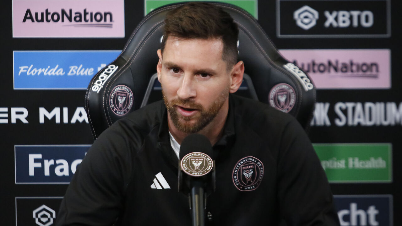 FORT LAUDERDALE, FLORIDA - AUGUST 17: Lionel Messi of Inter Miami CF speaks during a news conference at DRV PNK Stadium on August 17, 2023 in Florida, USA.