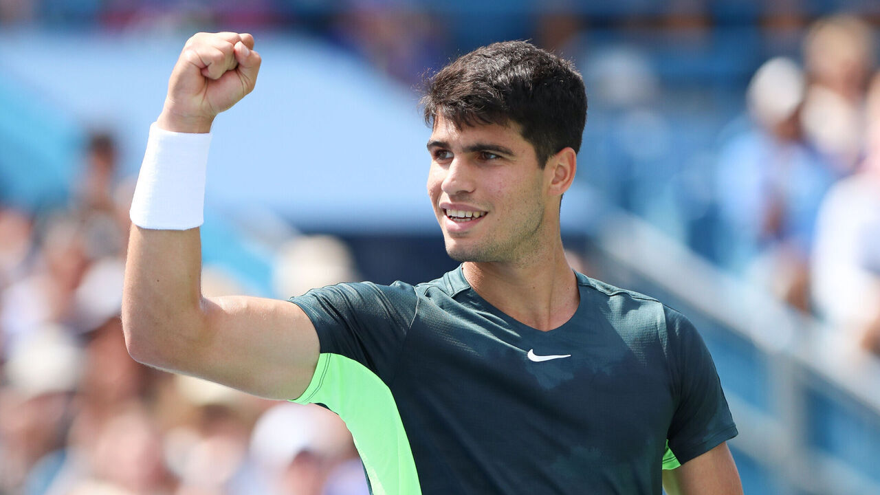 CINCINNATI, OH - AUGUST 17: Carlos Alcaraz of Spain reacts during the third round at the Western & Southern Open at Lindner Family Tennis Center on August 17, 2023 in Mason, Ohio.