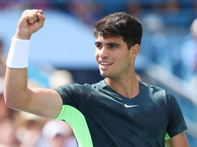 CINCINNATI, OH - AUGUST 17: Carlos Alcaraz of Spain reacts during the third round at the Western & Southern Open at Lindner Family Tennis Center on August 17, 2023 in Mason, Ohio.
