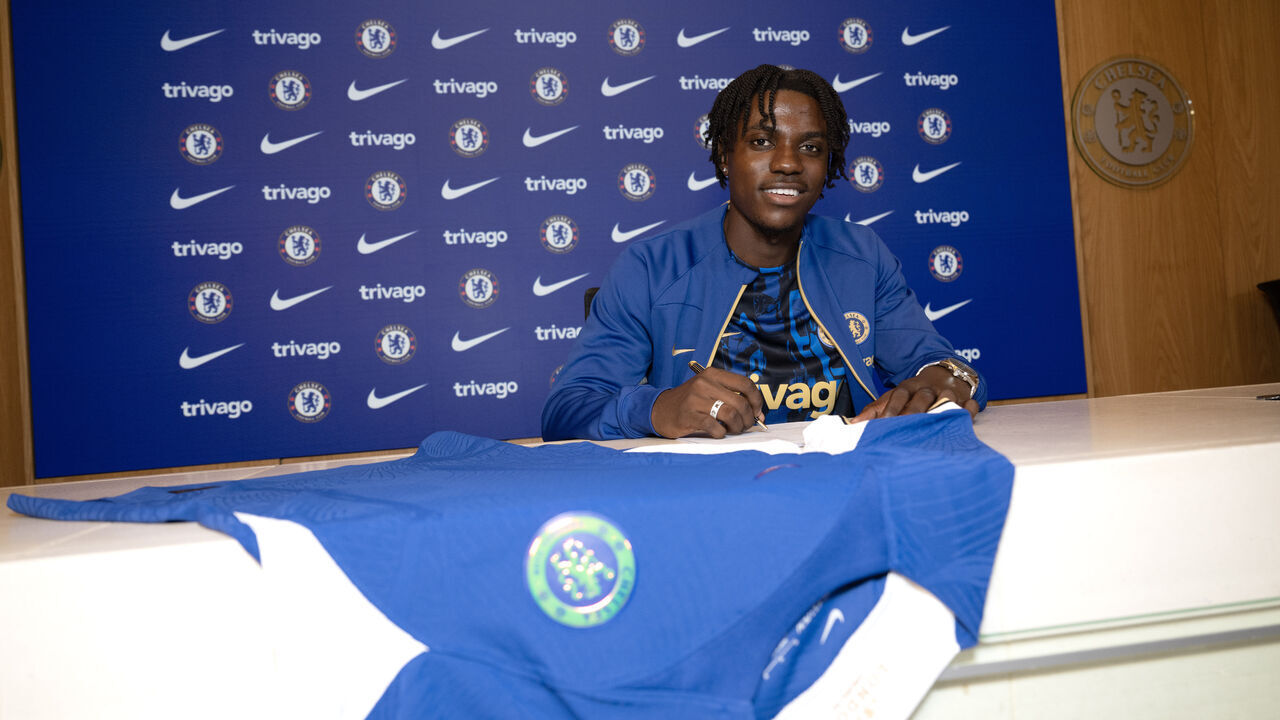 COBHAM, ENGLAND - AUGUST 18: Chelsea unveil new signing Romeo Lavia at Chelsea training Ground on August 18, 2023 in Cobham, England.