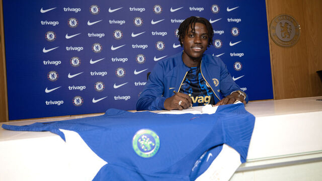 COBHAM, ENGLAND - AUGUST 18: Chelsea unveil new signing Romeo Lavia at Chelsea training Ground on August 18, 2023 in Cobham, England.