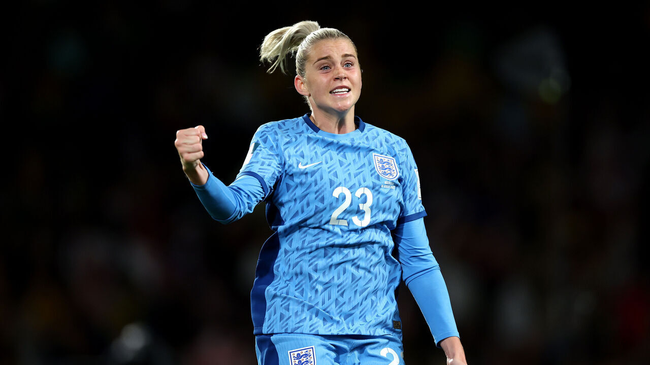 SYDNEY, AUSTRALIA - AUGUST 16: Alessia Russo of England celebrates after scoring her team's third goal during the FIFA Women's World Cup Australia & New Zealand 2023 Semi Final match between Australia and England at Stadium Australia on August 16, 2023 in Sydney, Australia.