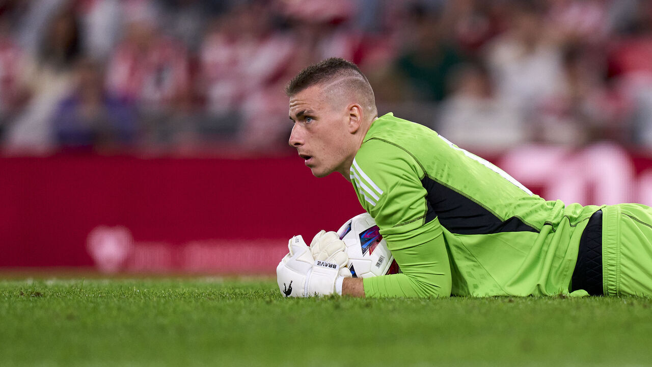 BILBAO, SPAIN - AUGUST 12: Andriy Lunin of Real Madrid CF looks on during the LaLiga EA Sports match between Athletic Club and Real Madrid CF at Estadio de San Mames on August 12, 2023 in Bilbao, Spain.