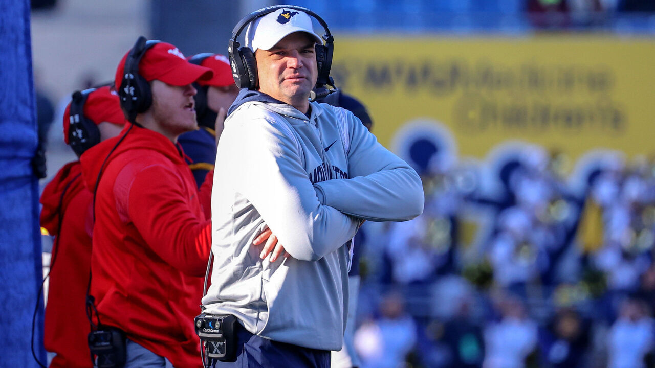 MORGANTOWN, WV - NOVEMBER 19: West Virginia Mountaineers head coach Neal Brown on the sideline during the second quarter of the college football game between the Kansas State Wildcats and the West Virginia Mountaineers on November 19, 2022, at Mountaineer Field at Milan Puskar Stadium in Morgantown, WV.