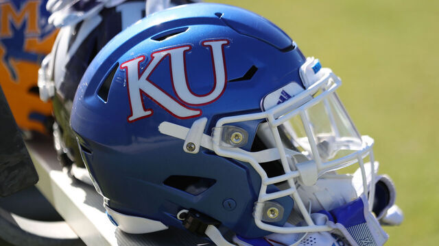 ORLANDO, FL - JANUARY 15: A Kansas helmet rests on a team bench during the Hula Bowl college football game on Saturday, January 15, 2022 at the UCF Bounce House Stadium in Orlando, FL