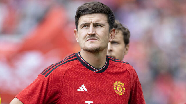 DUBLIN, IRELAND: August 6: Harry Maguire #5 of Manchester United during team presentations before the Manchester United v Athletic Bilbao, pre-season friendly match at Aviva Stadium on August 6th, 2023 in Dublin, Ireland.