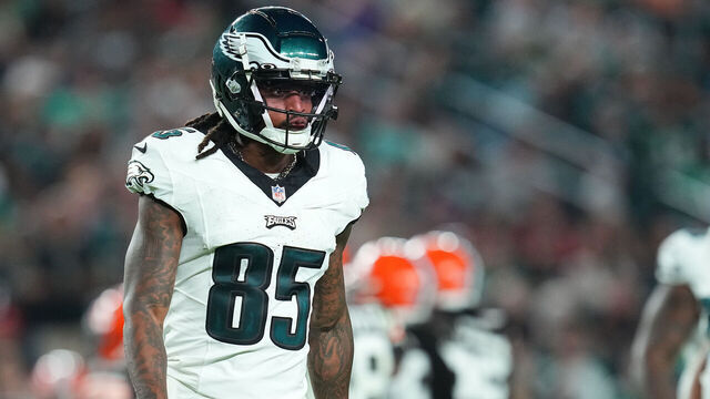PHILADELPHIA, PENNSYLVANIA - AUGUST 17: Tyrie Cleveland #85 of the Philadelphia Eagles looks on against the Cleveland Browns during the preseason game at Lincoln Financial Field on August 17, 2023 in Philadelphia, Pennsylvania. The Browns tied the Eagles 18-18.