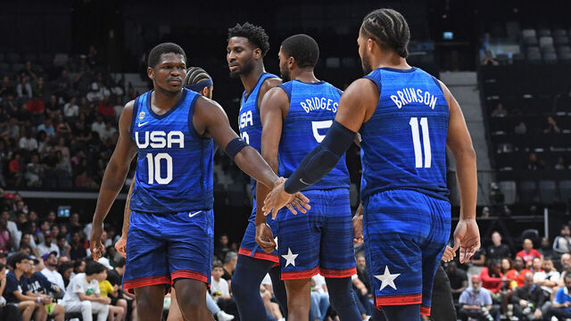 ABU DHABI, UAE - AUGUST 18: The USA Senior Men's National Team shake hands during the game against Greece as part of 2023 FIBA World Cup at Etihad Arena on August 18, 2023 in Abu Dhabi, The United Arab Emirates. NOTE TO USER: User expressly acknowledges and agrees that, by downloading and/or using this Photograph, user is consenting to the terms and conditions of the Getty Images License Agreement. Mandatory Copyright Notice: Copyright 2023 NBAE