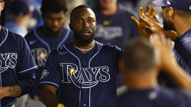 ANAHEIM, CALIFORNIA - AUGUST 18: Randy Arozarena #56 of the Tampa Bay Rays celebrates a run against the Los Angeles Angels in the fifth inning at Angel Stadium of Anaheim on August 18, 2023 in Anaheim, California.