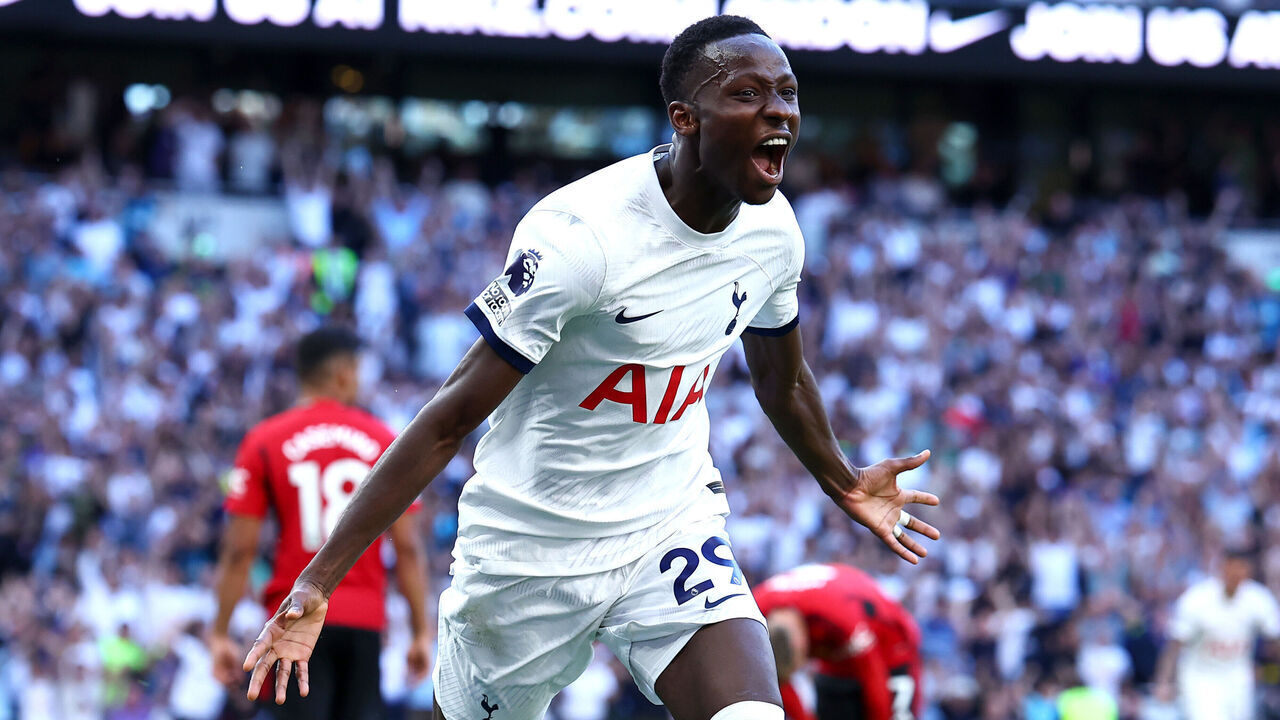 LONDON, ENGLAND - AUGUST 19: Pape Matar Sarr of Tottenham Hotspur celebrates scoring their teams first goal during the Premier League match between Tottenham Hotspur and Manchester United at Tottenham Hotspur Stadium on August 19, 2023 in London, England.