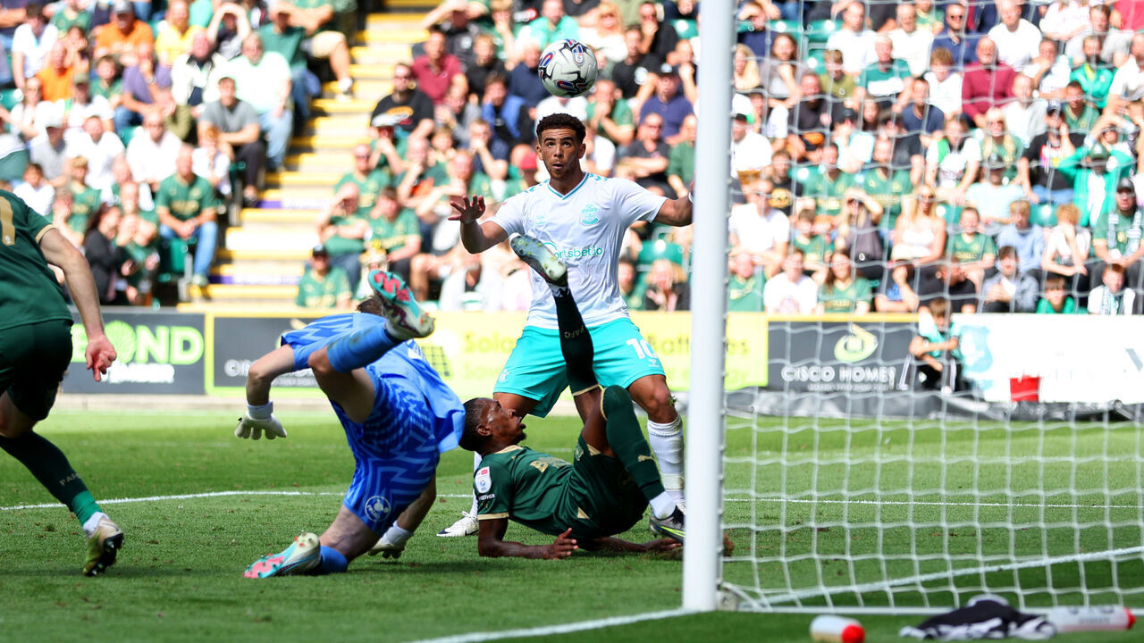 Southampton's Che Adams scores their side's second goal of the game during the Sky Bet Championship match at Home Park, Plymouth. Picture date: Saturday August 19, 2023.
