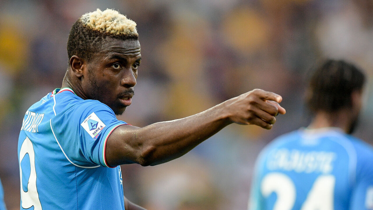 Victor Osimhen of SSC Napoli celebrates after scoring second goal during the Serie A Tim match between Frosinone Calcio and SSC Napoli at Stadio Benito Stirpe August 19, 2023 in Frosinone, Italy.