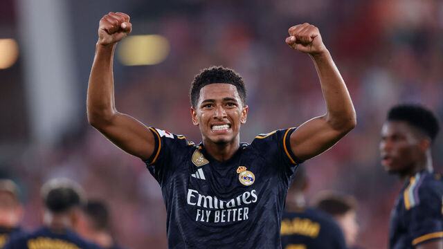 ALMERIA, SPAIN - AUGUST 19: Jude Bellingham of Real Madrid celebrates 1-2 during the LaLiga EA Sports match between UD Almeria v Real Madrid at the Power Horse Stadium on August 19, 2023 in Almeria Spain