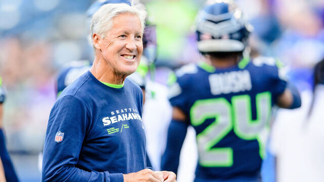 SEATTLE, WASHINGTON - AUGUST 10: Head coach Pete Carroll looks on prior to the preseason game against the Minnesota Vikings at Lumen Field on August 10, 2023 in Seattle, Washington.