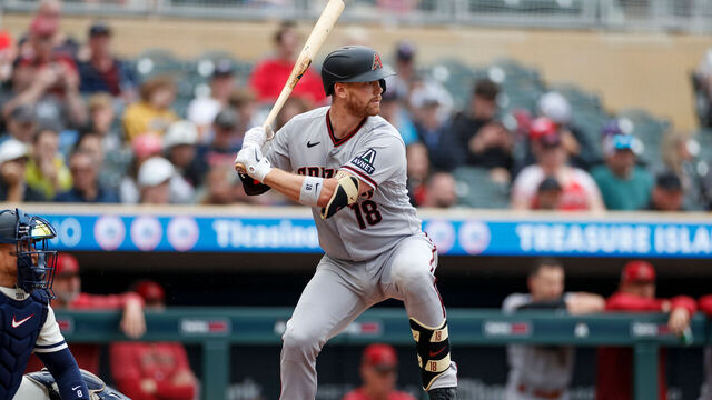 MINNEAPOLIS, MINNESOTA - AUGUST 6: Carson Kelly #18 of the Arizona Diamondbacks bats in the third inning during a game against the Minnesota Twins at Target Field on August 6, 2023 in Minneapolis, Minnesota.