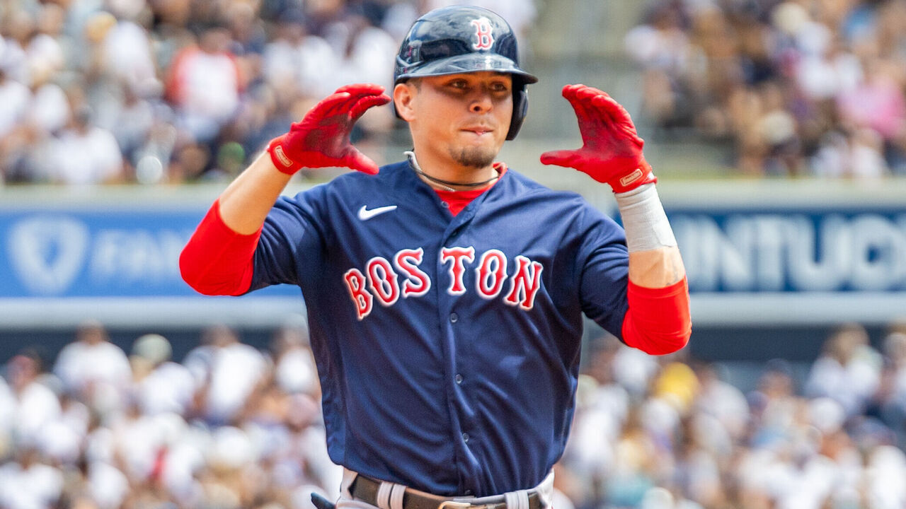BRONX, NY - AUGUST 19: Boston Red Sox Infield Luis Urias (17) celebrates his home run during the MLB professional baseball game between the Boston Red Sox and New York Yankees on August 19, 2023 at Yankee Stadium in Bronx, NY.