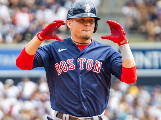 BRONX, NY - AUGUST 19: Boston Red Sox Infield Luis Urias (17) celebrates his home run during the MLB professional baseball game between the Boston Red Sox and New York Yankees on August 19, 2023 at Yankee Stadium in Bronx, NY.