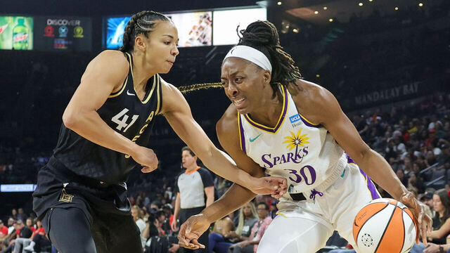 LAS VEGAS, NEVADA - AUGUST 19: Nneka Ogwumike #30 of the Los Angeles Sparks drives against Kiah Stokes #41 of the Las Vegas Aces in the first quarter of their game at Michelob ULTRA Arena on August 19, 2023 in Las Vegas, Nevada.