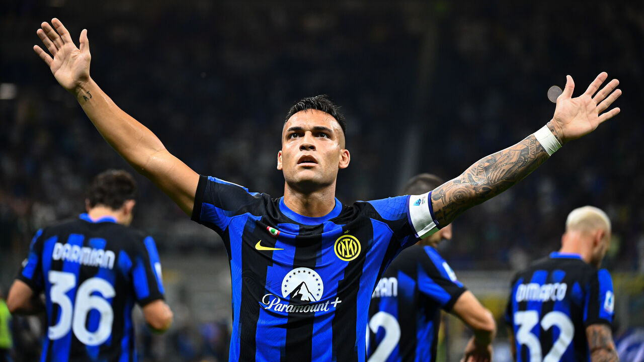 MILAN, ITALY - AUGUST 19: Lautaro Martinez of FC Internazionale celebrates after scoring a goal during the Italian Serie A football match FC Internazionale vs Monza at San Siro Stadium in Milan, Italy on August 19, 2023