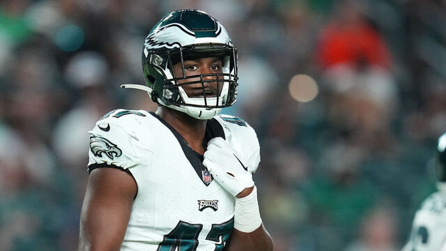 PHILADELPHIA, PENNSYLVANIA - AUGUST 17: Myles Jack #47 of the Philadelphia Eagles looks on against the Cleveland Browns during the preseason game at Lincoln Financial Field on August 17, 2023 in Philadelphia, Pennsylvania. The Browns tied the Eagles 18-18.
