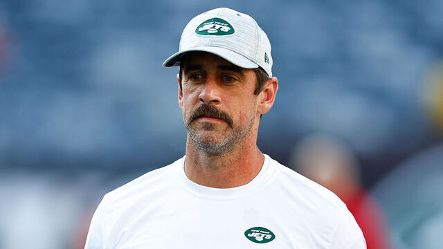 EAST RUTHERFORD, NJ - AUGUST 19: Aaron Rodgers #8 of the New York Jets prior to the Preseason game against the Tampa Bay Buccaneers on Augut 19, 2023 at MetLife Stadium in East Rutherford, New Jersey.