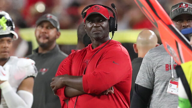 TAMPA, FL - AUGUST 11: Tampa Bay Buccaneers Head Coach Todd Bowles watches the action on the field during the preseason game between the Pittsburgh Steelers and the Tampa Bay Buccaneers on August 11, 2023 at Raymond James Stadium in Tampa, Florida.