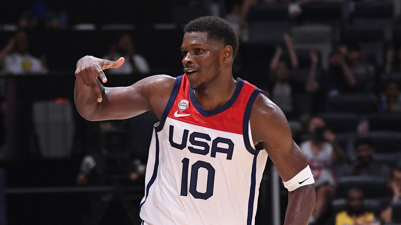 ABU DHABI, UAE - AUGUST 20: Anthony Edwards of the USA Senior Men's National Team yells and celebrates during the game against Germany as part of 2023 FIBA World Cup at Etihad Arena on August 20, 2023 in Abu Dhabi, The United Arab Emirates. NOTE TO USER: User expressly acknowledges and agrees that, by downloading and/or using this Photograph, user is consenting to the terms and conditions of the Getty Images License Agreement. Mandatory Copyright Notice: Copyright 2023 NBAE