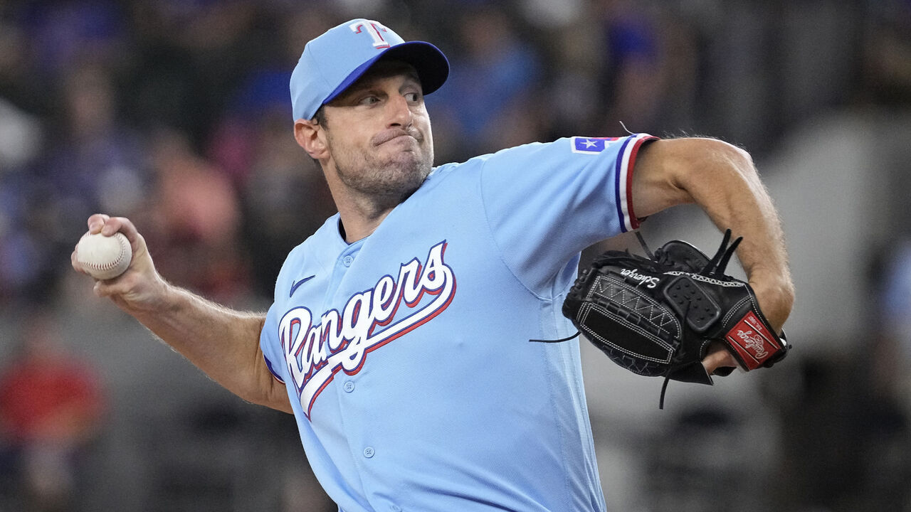 ARLINGTON, TEXAS - AUGUST 20: Max Scherzer #31 of the Texas Rangers pitches during the first inning against the Milwaukee Brewers at Globe Life Field on August 20, 2023 in Arlington, Texas.