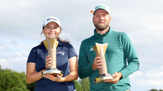 BALLYMENA, NORTHERN IRELAND - AUGUST 20: Alexa Pano of the United States Daniel Brown of England pose with the trophy after winning the ISPS HANDA World Invitational presented by AVIV Clinics 2023 on the 2nd play-off hole on Day Four of the ISPS HANDA World Invitational presented by AVIV Clinics at Galgorm Castle Golf Club on August 20, 2023 in United Kingdom.