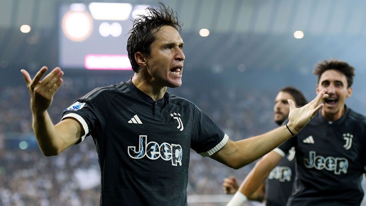 UDINE, ITALY - AUGUST 20: Federico Chiesa of Juventus celebrates after scoring the team's first goal during the Serie A TIM match between Udinese Calcio and Juventus at Dacia Arena on August 20, 2023 in Udine, Italy.