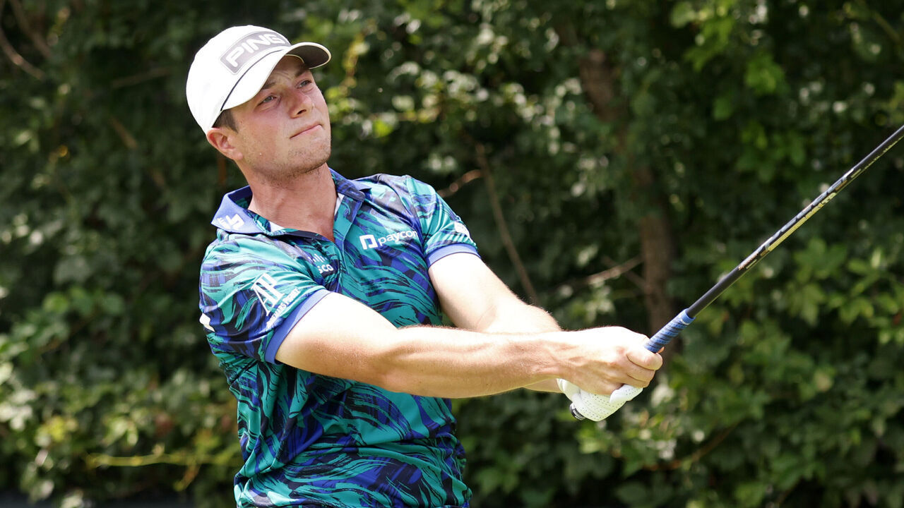 OLYMPIA FIELDS, IL - AUGUST 20: PGA golfer Viktor Hovland plays his tee shot on the 2nd hole during the final round of the BMW Championship Fed Ex Cup Playoffs on August 20th, 2023, at Olympia Fields Country Club in Olympia Fields, Illinois.