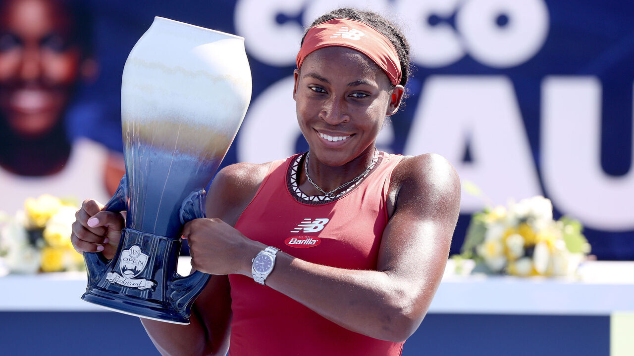 MASON, OHIO - AUGUST 20: Coco Gauff poses with the trophy after defeating Karolina Muchova of Czech Republic during the final of the Western & Southern Open at Lindner Family Tennis Center on August 20, 2023 in Mason, Ohio.