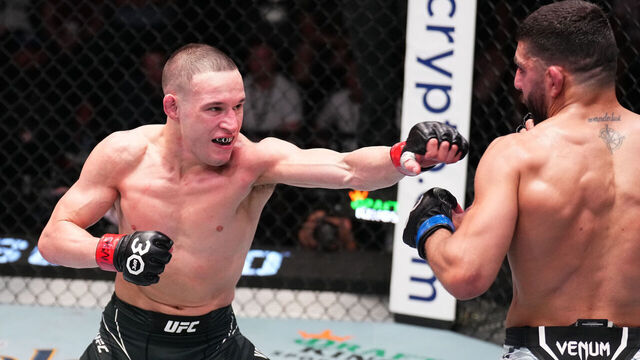 LAS VEGAS, NEVADA - JUNE 03: (L-R) Kai Kara-France of New Zealand punches Amir Albazi of Iraq in a flyweight bout during the UFC Fight Night event at UFC APEX on June 03, 2023 in Las Vegas, Nevada.