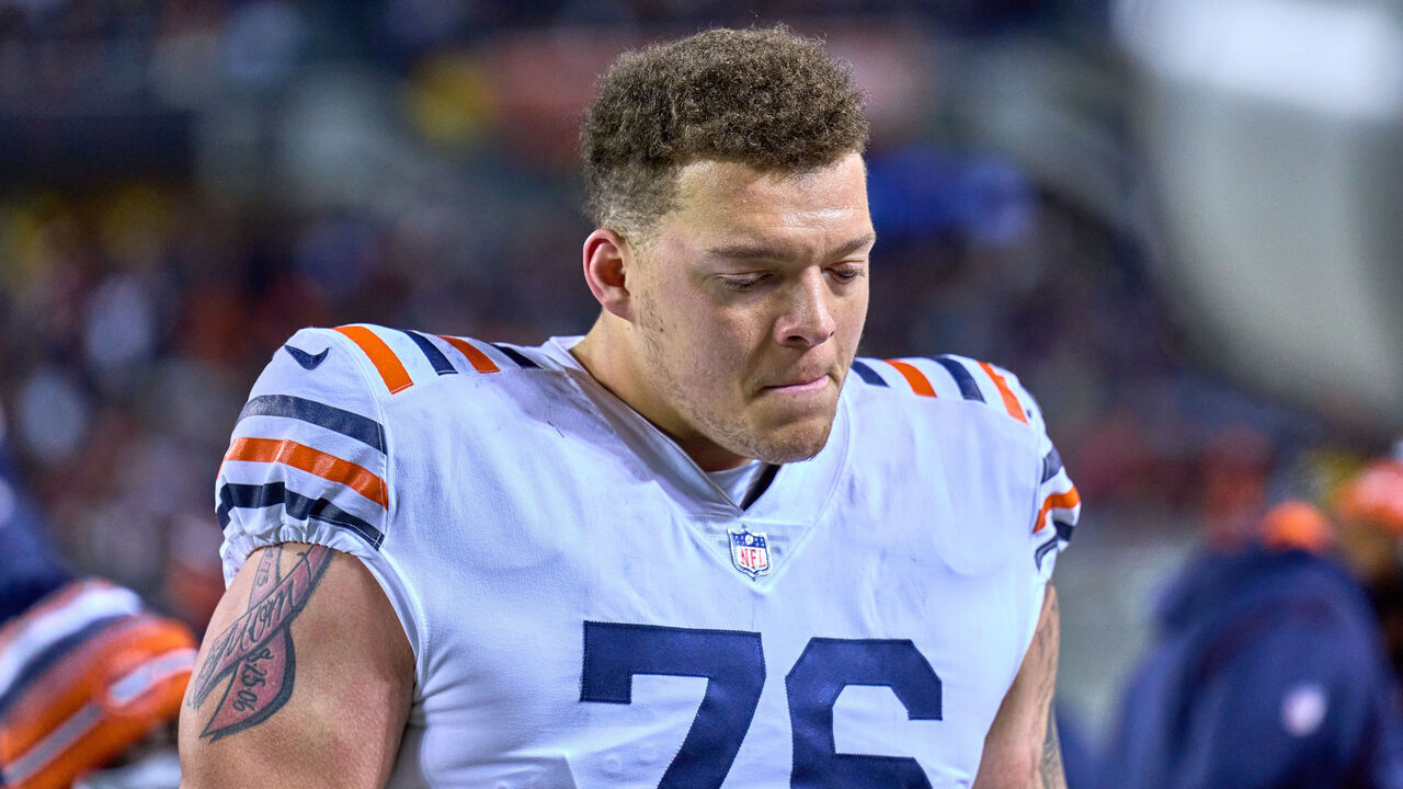 CHICAGO, IL - DECEMBER 20: Chicago Bears offensive tackle Teven Jenkins (76) looks on during a game between the Chicago Bears and the Minnesota Vikings on December 20, 2021, at Soldier Field in Chicago, IL.