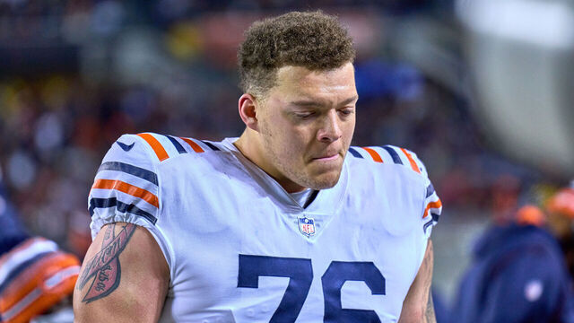 CHICAGO, IL - DECEMBER 20: Chicago Bears offensive tackle Teven Jenkins (76) looks on during a game between the Chicago Bears and the Minnesota Vikings on December 20, 2021, at Soldier Field in Chicago, IL.