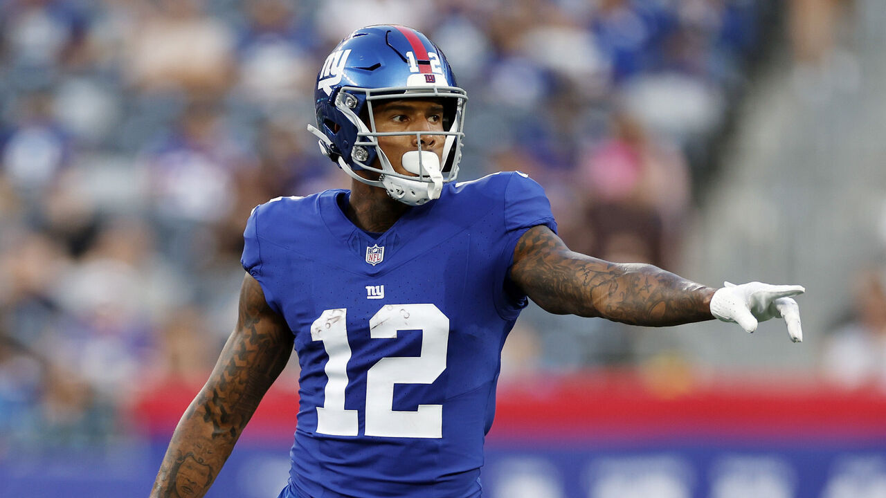 EAST RUTHERFORD, NEW JERSEY - AUGUST 18: Darren Waller #12 of the New York Giants looks on during the first half of a preseason game against the Carolina Panthers at MetLife Stadium on August 18, 2023 in East Rutherford, New Jersey.