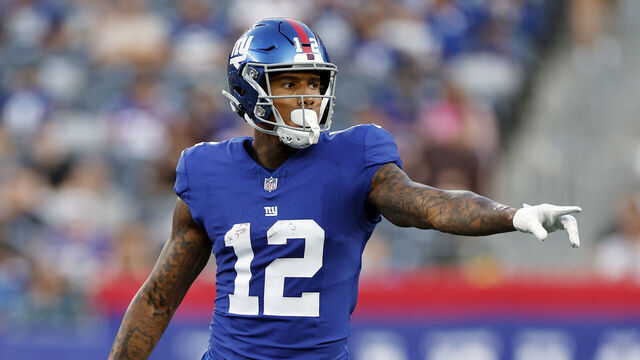 EAST RUTHERFORD, NEW JERSEY - AUGUST 18: Darren Waller #12 of the New York Giants looks on during the first half of a preseason game against the Carolina Panthers at MetLife Stadium on August 18, 2023 in East Rutherford, New Jersey.
