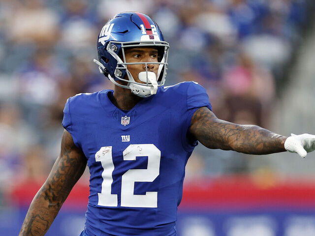 EAST RUTHERFORD, NEW JERSEY - AUGUST 18: Darren Waller #12 of the New York Giants looks on during the first half of a preseason game against the Carolina Panthers at MetLife Stadium on August 18, 2023 in East Rutherford, New Jersey.