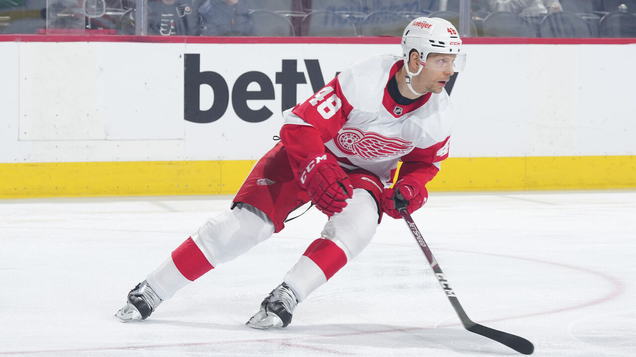 PHILADELPHIA, PA - MARCH 25: Alex Chiasson #48 of the Detroit Red Wings skates against the Philadelphia Flyers at the Wells Fargo Center on March 25, 2023 in Philadelphia, Pennsylvania. The Flyers defeated the Red Wings 3-0.