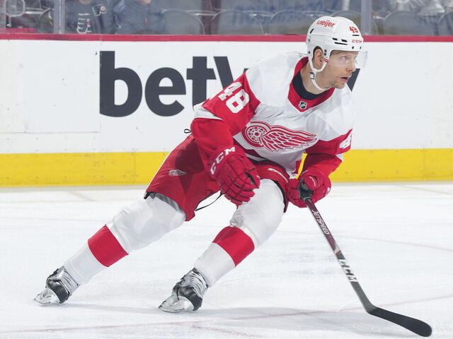 PHILADELPHIA, PA - MARCH 25: Alex Chiasson #48 of the Detroit Red Wings skates against the Philadelphia Flyers at the Wells Fargo Center on March 25, 2023 in Philadelphia, Pennsylvania. The Flyers defeated the Red Wings 3-0.