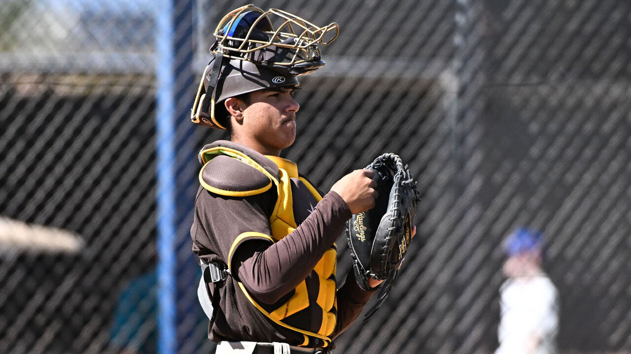 PEORIA, ARIZONA - MARCH 23, 2023: Ethan Salas #85 of the San Diego Padres looks on during a minor league spring training game against the Seattle Mariners at the Peoria Sports Complex on March 23, 2023 in Peoria, Arizona.