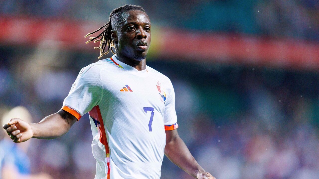 Belgium's forward Jeremy Doku reacts during the UEFA Euro 2024 group F qualification football match between Estonia and Belgium in Tallinn on June 20, 2023.