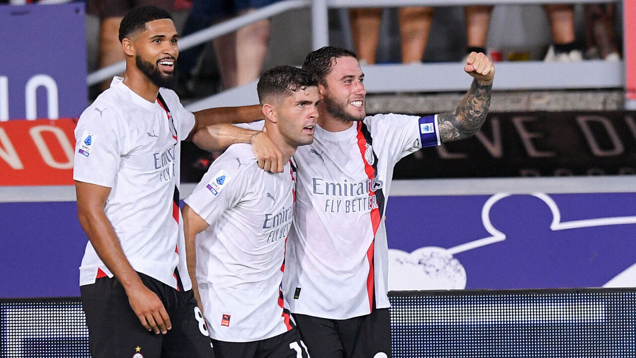 Christian Pulisic of AC Milan celebrates after scoring second goal during the Serie A Tim match between Bologna FC and AC Milan at Stadio Renato Dall'Ara on August 21, 2023 in Rome, Italy.